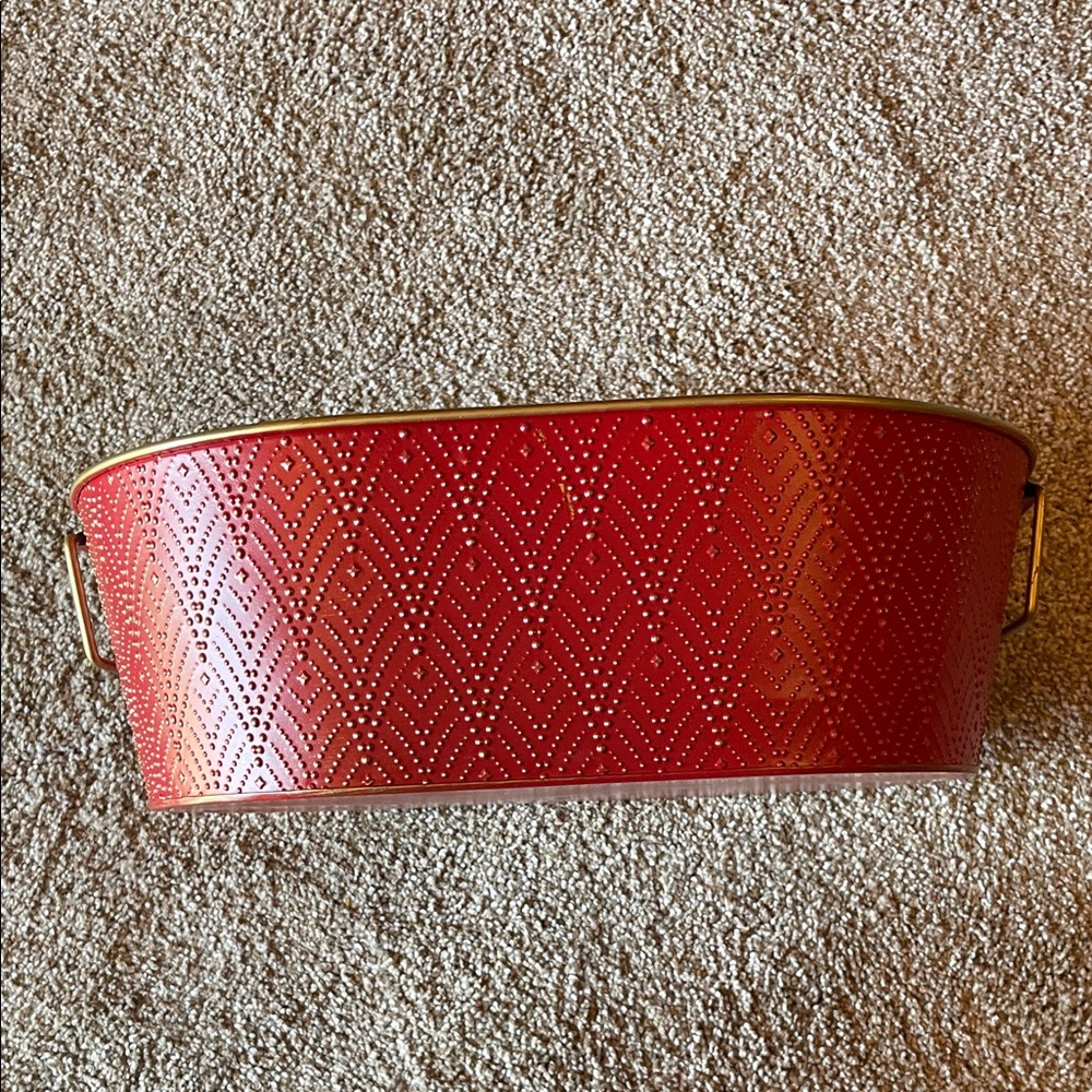 Decorative Red Metal Storage Tub with Perforated Pattern